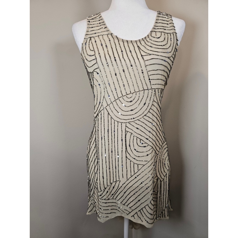 Angie Beaded Sequin Mini Dress Tan Silver Art Deco High Low Gatsby Glam Womens M